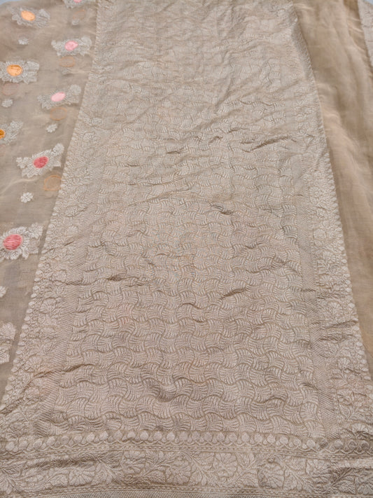 Pure Khaddi Natural Ivory Georjette Tissue Saree ( Velvet Meenakari )