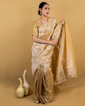 Beige Floral Jaal Handwoven Tissue Banarasi Silk Saree