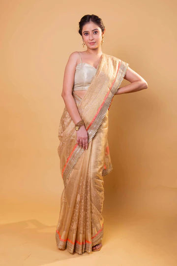 Beige Embroidered Tissue Silk Saree With Embroidery Lace