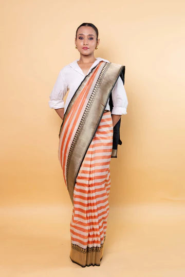 Beige & Orange Stripe Tissue Silk Saree