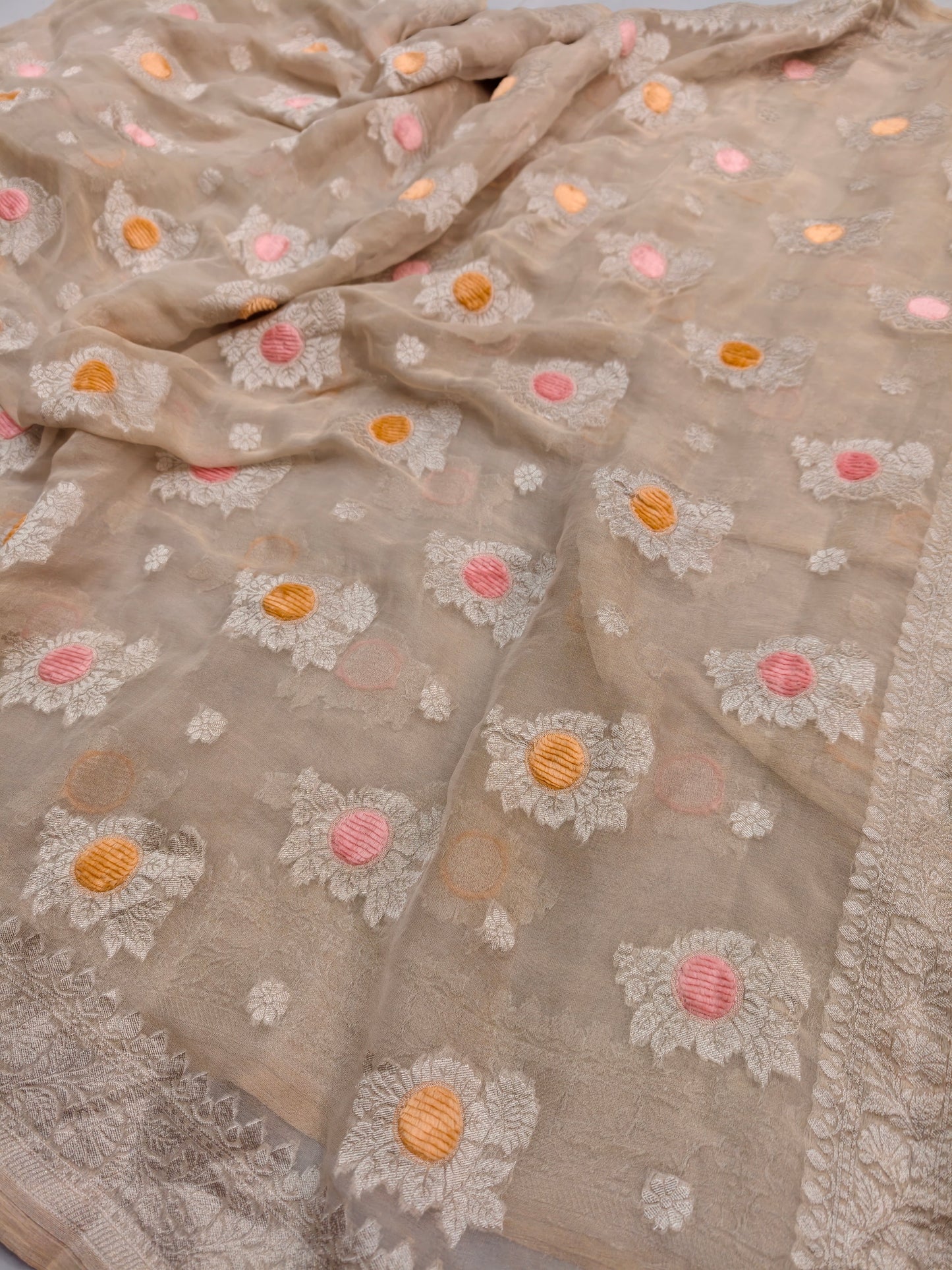 Pure Khaddi Natural Ivory Georjette Tissue Saree ( Velvet Meenakari )