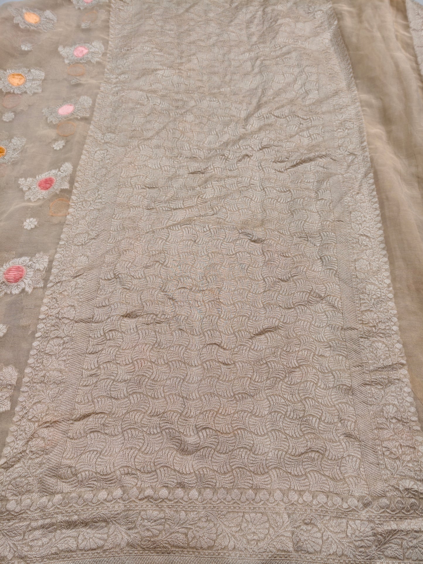 Pure Khaddi Natural Ivory Georjette Tissue Saree ( Velvet Meenakari )