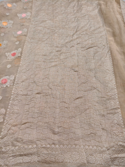 Pure Khaddi Natural Ivory Georjette Tissue Saree ( Velvet Meenakari )