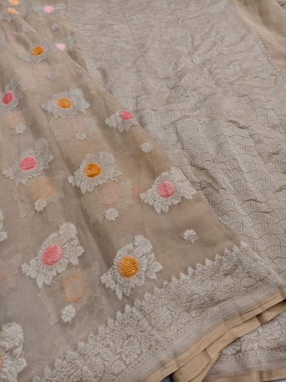 Pure Khaddi Natural Ivory Georjette Tissue Saree ( Velvet Meenakari )